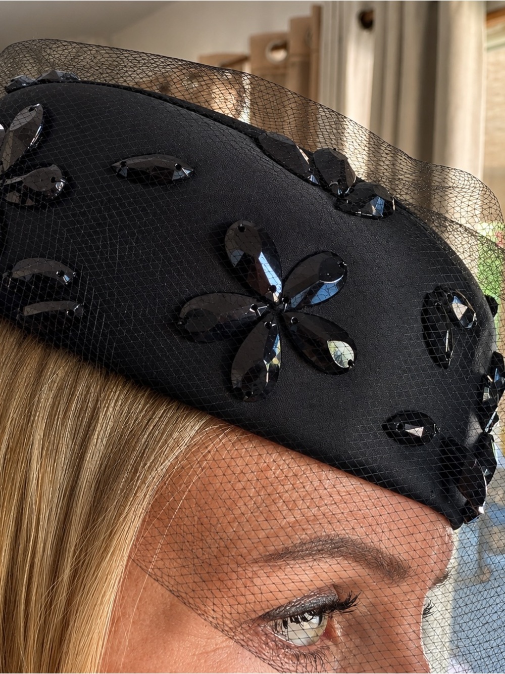 Noreen Fashion Black Sequin Floral Veil Fascinator Hat